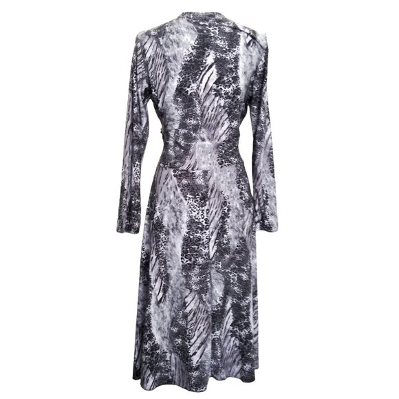 Sharon Max Gray Animal Print Dress Size XL Faux Wrap Stretch Long Sleeve - Picture 3 of 4